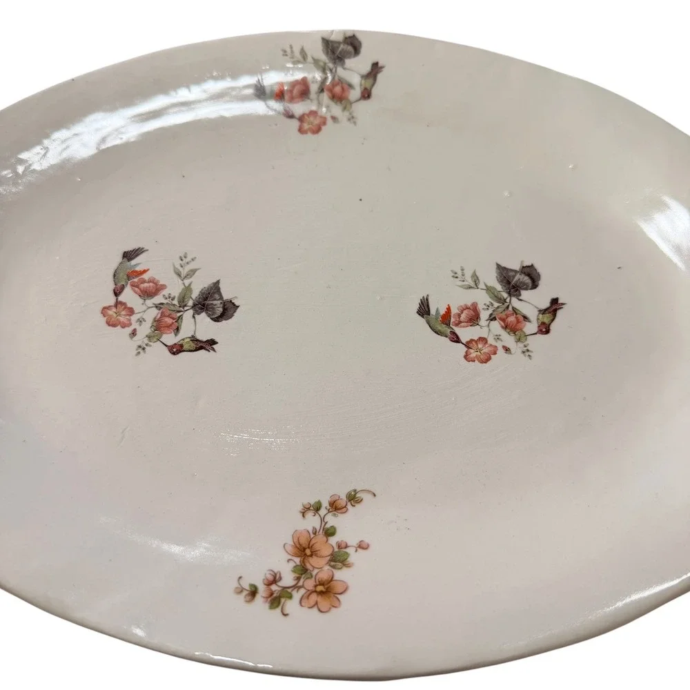 WHN Studio Pottery Hummingbird Floral Oval Serving Platter 13 Inch White 2012